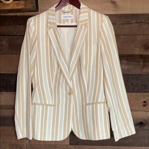 Calvin Klein Linen Cream and Beige Striped Single-Button Blazer
